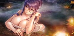  akiyama_rinko aoi_nagisa_(metalder) bathing breasts covering_privates female game_cg highres large_breasts long_hair looking_at_viewer naked_towel non-web_source onsen purple_eyes purple_hair steam taimanin_(series) taimanin_asagi taimanin_rpgx taimanin_yukikaze towel water wet 