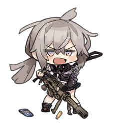  ahoge anti-materiel_rifle backpack bag bipod bolt_action casing_ejection cheytac_m200 chibi commentary_request female full_body girls&#039;_frontline grey_hair gun holding holding_gun holding_weapon itsuki_tasuku jacket long_hair low_ponytail m200_(girls&#039;_frontline) muzzle_device open_mouth purple_eyes rifle scope shell_casing shoes sidelocks sniper_rifle solo weapon 