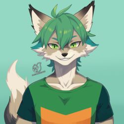  1:1 absurd_res anthro canid canine canis chill clothing green_eyes green_hair hair half_body happy hi_res male mammal olivialovesfur relaxing shirt smile solo t-shirt tail topwear wolf 