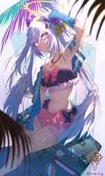  absurdres arm_up artist_name azusa_(blue_archive) azusa_(swimsuit)_(blue_archive) bikini blue_archive bow branch feathered_wings female flower frilled_bikini frills hair_between_eyes hair_flower hair_ornament halo highres long_hair midriff purple_eyes roon_(ddeer2010) solo sticker stomach suitcase swimsuit tree_shade very_long_hair white_hair white_wings wings 