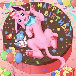  1:1 2021 3_fingers 3_toes balloon bed black_nose clothing cute_fangs dessert doughnut eeveelution espeon feet feral fingers food fur furniture generation_2_pokemon gift happy_birthday hat headgear headwear hi_res inflatable inner_ear_fluff looking_at_viewer lying male miau nintendo on_back open_mouth party_hat pastry pawpads paws pink_body pink_fur plushie pokemon pokemon_(species) purple_eyes ribbons scarf simple_background solo toes tongue toy tuft 