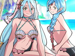  2girls alternate_costume ass azura_(fire_emblem) bare_shoulders blue_hair blurry blurry_background blush braid breasts cleavage closed_mouth collarbone corrin_(female)_(fire_emblem) corrin_(female)_(fire_emblem)_(cosplay) corrin_(fire_emblem) cosplay fire_emblem fire_emblem_cipher fire_emblem_fates groin hair_between_eyes light_blue_hair lilith_(fire_emblem) long_hair medium_breasts mnejing30 multiple_girls navel pointy_ears red_hair seashell shell shell_bikini sitting small_breasts smile split_mouth veil very_long_hair 