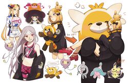  abigail_williams_(fate) band-aid band-aid_on_forehead bandage bewear blonde_hair blue_eyes chibi clothing cross_over drifloon fate_(series) female footwear forehead generation_4_pokemon generation_6_pokemon generation_7_pokemon generation_8_pokemon gigantamax_pokemon gloves hair handwear hanging_by_arms hatenna hi_res human jacket klefki kyojo128 long_hair mammal mimikyu nintendo pokeball pokemon pokemon_(species) question_mark red_eyes ribbons sharp_teeth shoes simple_background stufful teeth topwear video_games white_hair 