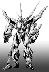  glowing glowing_eye gradient_background greyscale hades_project_zeorymer highres horns looking_ahead mecha monochrome no_humans one-eyed open_hands robot shiny single_horn standing super_robot vzmk2 zeorymer 