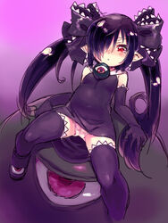  backbeako_(torotei) backbeard black_gloves black_hair black_legwear blush covered_navel dress elbow_gloves female flat_chest gegege_no_kitarou gloves hair_over_one_eye hair_ribbon highres long_hair looking_at_viewer open_mouth original panties pointy_ears purple_hair red_eyes ribbon shigehiro_(hiroi_heya) simple_background sleeveless sleeveless_dress thighhighs twintails underwear white_panties 