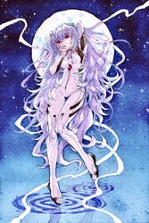  absurdly_long_hair absurdres arm_up ayanami_rei blue_background bodysuit breasts female full_body hand_in_own_hair hand_on_own_cheek hand_on_own_face highres long_hair long_sleeves moon neon_genesis_evangelion painting_(medium) plugsuit purple_hair red_eyes small_breasts solo tpamjdsta_(usatokurasu) traditional_media very_long_hair watercolor_(medium) white_bodysuit 