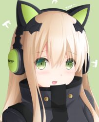  animal_ear_headphones animal_ears blonde_hair blush cat_ear_headphones commentary fake_animal_ears female girls&#039;_frontline green_eyes grey_background headphones highres jacket keenh long_hair looking_at_viewer open_mouth solo tmp_(girls&#039;_frontline) 