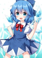  blue_bow blue_dress blue_eyes blue_hair bow bowtie cirno commentary_request cowboy_shot dress female hair_between_eyes hairbow hand_on_own_hip highres ice ice_background ice_crystal ice_wings index_finger_raised looking_at_viewer medium_hair open_mouth pointing puffy_short_sleeves puffy_sleeves red_bow red_bowtie ruu_(tksymkw) shirt short_sleeves smile solo standing touhou v-shaped_eyebrows white_background white_shirt wings 