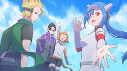  2boys 2girls absurdres ahoge arm_up black_hair black_shorts blonde_hair blue_hair breasts cape crosscode emilie-sophie_de_belmond facial_hair forehead_jewel glasses green_scarf hand_on_own_hip headgear highres lea_(crosscode) long_hair looking_at_viewer lucas_fink medium_breasts multicolored_hair multiple_boys multiple_girls open_mouth orange_hair ponytail purple_cape purple_hair reaching reaching_towards_viewer scarf shorts smile streaked_hair thighhighs toby_tremblay two-tone_hair yuikannon 