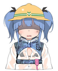  atte_nanakusa bikini bikini_under_clothes black_bikini blue_hair female medium_hair micro_bikini mirai_akari&#039;s_new_virtual_youtuber_illustration_contest original raincoat rectangular_mouth remote_control_vibrator scout_(atte_nanakusa) sex_toy shaded_face simple_background solo sweatdrop swimsuit twintails upper_body vibrator white_background 