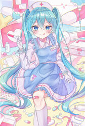  :p absurdres apron bandaid bandaid_on_knee bandaid_on_leg blood blood_bag blue_apron blue_eyes blue_hair blush bottle box buttons clipboard closed_mouth collared_shirt commentary feet_out_of_frame female gloves hair_between_eyes hat hatsune_miku highres holding holding_syringe knee_up kneehighs long_hair long_sleeves looking_at_viewer name_tag noneon319 nurse_cap oversized_object petticoat pill pleated_skirt raised_eyebrows shirt sidelocks skirt smile socks solo syringe tongue tongue_out twintails very_long_hair vocaloid white_gloves white_shirt white_skirt white_socks 