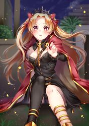  arm_at_side babylon between_breasts black_dress black_panties black_thighhighs blonde_hair blush breasts building cape cleavage detached_sleeves dress ereshkigal_(fate) fate/grand_order fate_(series) female hand_up highres long_hair long_sleeves looking_at_viewer mashiro_aa night night_sky open_mouth outdoors palm_tree panties pantyshot parted_bangs petals reaching reaching_towards_viewer red_cape red_eyes revision single_bare_shoulder single_detached_sleeve single_thighhigh sitting skull sky small_breasts solo spine tareme thighhighs tiara tree two_side_up underwear very_long_hair ziggurat 