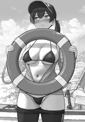  alternate_costume ass_visible_through_thighs baseball_cap bikini bikini_under_clothes blush boat breasts cleavage closed_mouth clothes_pull cloud commentary cowboy_shot day embarrassed female frown greyscale groin hat holding jacket kaga_(kancolle) kantai_collection large_breasts lifebuoy long_hair long_sleeves looking_away looking_to_the_side monochrome nose_blush open_clothes open_jacket outdoors pants pants_pull ponytail shijukara_(great_tit) sky solo swim_ring swimsuit watercraft 