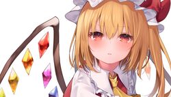  ascot bad_id bad_twitter_id blonde_hair blush bow crystal female flandre_scarlet frilled_shirt_collar frills from_above frown hair_between_eyes hairbow hat komomo_(ptkrx) looking_at_viewer medium_hair mob_cap one_side_up portrait red_bow red_vest simple_background solo touhou vest white_background wings yellow_ascot 