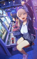  1boy 2girls :d arcade arcade_cabinet baseball_cap black_hair blonde_hair blue_eyes breasts commentary danmaku dodonpachi dutch_angle earrings fighting_game fist_pump hat highres hoop_earrings indoors jacket jewelry large_breasts looking_at_viewer multicolored_hair multiple_girls one_eye_closed open_mouth original pink_hair playing_games romaji_text short_hair short_shorts shorts sitting sleeves_past_wrists smile streaked_hair street_fighter street_fighter_iii_(series) track_jacket twelve twintails urasuji_samurai 