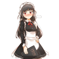  ... alternate_costume black_hair blush breasts commentary_request crosscode enmaided female frills hand_on_own_hip holding holding_menu long_hair maid maid_headdress menu red_eyes sakai_shizuka_(crosscode) scar scar_on_face scar_on_nose small_breasts solo spoken_ellipsis twitter_username yuikannon 