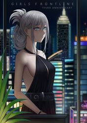  an-94_(girls&#039;_frontline) an-94_(silent_rouge)_(girls&#039;_frontline) bad_id bad_pixiv_id belt black_dress blue_eyes bow breasts city dress earrings evening_gown female girls&#039;_frontline grey_hair hair_ornament hairbow highres jewelry long_hair looking_away medium_breasts official_alternate_costume photoshop_(medium) selcky solo speech_bubble 