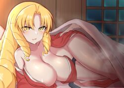  bare_shoulders bed_sheet blonde_hair blush breasts cleavage collarbone coyomin drill_hair fate/kaleid_liner_prisma_illya fate_(series) female highres japanese_clothes kimono large_breasts long_hair luviagelita_edelfelt lying off_shoulder on_side open_mouth parted_bangs red_kimono sidelocks solo thighs very_long_hair yellow_eyes 