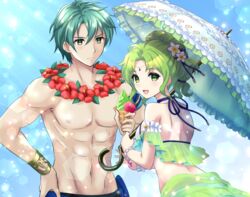  1boy :d bikini blue_swim_trunks commentary_request ephraim_(fire_emblem) ephraim_(summer)_(fire_emblem) female fire_emblem fire_emblem:_the_sacred_stones fire_emblem_heroes flower flower_wreath frilled_bikini frills green_eyes green_hair hair_flower hair_ornament highres kakiko210 l&#039;arachel_(fire_emblem) l&#039;arachel_(summer)_(fire_emblem) looking_at_viewer parasol sarong smile swimsuit topless_male umbrella white_bikini 