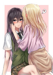  2girls aihara_academy_school_uniform aihara_mei aihara_yuzu black_hair blonde_hair blush brown_skirt citrus_(saburouta) clothes_around_waist commentary commentary_request dress_shirt ear_blush face-to-face green_eyes green_vest gyaru heart highres inseki long_hair multiple_girls necktie pink_shirt playing_with_another&#039;s_hair poisonousgas purple_eyes school_uniform shirt skirt spoken_heart step-siblings step-sisters sweater sweater_around_waist sweater_vest vest yuri 