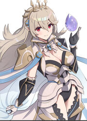  absurdres armor black_leotard breasts cape cleavage commentary_request corrin_(female)_(fire_emblem) corrin_(female)_(silent_bloodline)_(fire_emblem) corrin_(fire_emblem) crown female fire_emblem fire_emblem_fates fire_emblem_heroes frills gloves gonzarez hair_between_eyes hair_ornament highres jewelry leotard long_hair looking_at_viewer medium_breasts official_alternate_costume pointy_ears red_eyes shoulder_armor solo tiara white_hair 