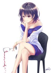  black_hair blue_dress bracelet chakuma_(yiyh1468) closed_mouth collarbone commentary_request crossed_legs dress female gradient_hair hair_between_eyes head_rest highres holding jewelry multicolored_hair off-shoulder_dress off_shoulder purple_eyes purple_hair short_dress short_hair signature simple_background sitting smile solo white_background yahari_ore_no_seishun_lovecome_wa_machigatteiru. yukinoshita_haruno 