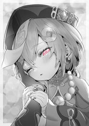  1boy absurdres aether_(genshin_impact) arm_grab bandaged_arm bandages bead_necklace beads blush coin_hair_ornament earrings female genshin_impact greyscale hair_ornament hand_on_another&#039;s_cheek hand_on_another&#039;s_face hat highres jewelry jiangshi long_sleeves looking_at_viewer monochrome necklace ofuda one_eye_closed qingdai_guanmao qiqi_(genshin_impact) solo_focus sparkle spot_color sukoyaka93 talisman 