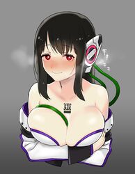  absurdres black_hair blush breasts cleavage closed_mouth female highres humagear_headphones is_(kamen_rider_01) kamen_rider kamen_rider_01_(series) large_breasts long_hair looking_at_viewer red_eyes robot_ears shigehiro_(hiroi_heya) short_hair simple_background smile solo 