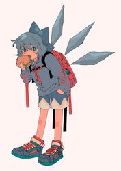  adapted_costume alternate_costume backpack bag blue_bow blue_eyes blue_footwear blue_hair blue_hoodie blue_shorts bottle bow burger casual cirno commentary contemporary eating female food hair_between_eyes hairbow hand_in_pocket highres holding holding_food hood hoodie ice ice_wings leaning_forward long_sleeves looking_at_viewer neck_ribbon randoseru rbfnrbf_(mandarin) red_ribbon ribbon shoes short_hair shorts simple_background solo standing touhou white_background wings 