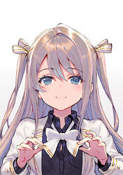  absurdres adjusting_bow blue_eyes blush bow breasts closed_mouth commentary_request female hair_between_eyes hair_ornament hair_ribbon hands_up highres holding holding_bow_(ornament) long_hair looking_at_viewer medium_breasts original ribbon shirabi simple_background smile solo white_background white_ribbon 