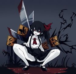  ascot biohazard_symbol black_footwear black_hair black_panties black_skirt blood blood_stain bow colored_skin cookie_(touhou) female flat_chest full_body grey_background hairbow highres long_hair long_sleeves looking_at_viewer mary_janes open_mouth panties pixel_art pool_of_blood red_ascot red_bow red_eyes shaded_face shirt shoes side_ponytail sign siyudi_(cookie) skirt smile solo sparseseethe squatting suspender_skirt suspenders underwear warning_sign white_shirt white_skin 