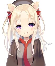  723_(tobi) animal_ears beret black_jacket blonde_hair bow brown_hat closed_mouth female hairbow hat jacket long_hair long_sleeves necktie pig_ears purple_eyes red_little_pig_(sinoalice) red_necktie simple_background sinoalice smile solo tongue tongue_out white_background 