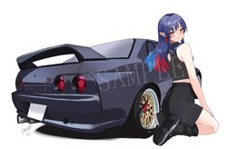  ass black_shirt blue_hair boots brown_eyes car colored_tips commission dark_blue_hair earrings female hair_behind_ear hand_on_own_thigh heart heart_earrings highres indie_virtual_youtuber jewelry koima_rinne looking_at_viewer motor_vehicle multicolored_hair nissan nissan_skyline nissan_skyline_gt-r nissan_skyline_r32 pointy_ears red_hair sample_watermark seiza shadow shirt signature sitting skeb_commission sleeveless sleeveless_shirt smile solo spoiler_(automobile) vehicle_focus virtual_youtuber watermark white_background zono_(inokura_syuzo029) 