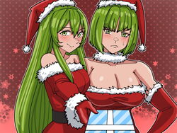  2girls bare_shoulders black_sash bob_cut breasts cleavage closed_mouth collarbone dithorba_(fire_emblem) dress english_commentary erinys_(fire_emblem) fire_emblem fire_emblem:_genealogy_of_the_holy_war frown fur-trimmed_headwear fur-trimmed_sleeves fur_trim giving gloves green_eyes green_hair hair_between_eyes hat large_breasts long_hair long_sleeves looking_at_viewer mnejing30 multiple_girls off-shoulder_dress off_shoulder outline polka_dot polka_dot_background red_background red_gloves red_headwear santa_costume santa_hat sash short_hair smile snowflakes split_mouth very_long_hair white_outline 