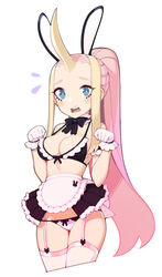  animal_ears apron bikini black_bow black_bowtie black_bra black_skirt blue_eyes blush bow bowtie bra breasts cleavage commentary commission cowboy_shot cropped_legs d: detached_collar english_commentary female flying_sweatdrops garter_straps gloves halphelt hands_up highres horns long_hair looking_at_viewer maid maid_bikini medium_breasts microskirt open_mouth original panties paw_pose pink_apron pink_hair pink_panties rabbit_ears showgirl_skirt simple_background single_horn skirt solo standing swimsuit thighhighs unconventional_maid underwear very_long_hair waist_apron white_background white_gloves yellow_pupils 