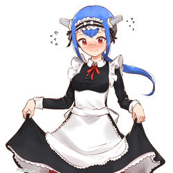  adapted_uniform alternate_costume blue_hair blush bow breasts commentary_request cowboy_shot crosscode dress enmaided female flying_sweatdrops frilled_dress frills headgear lea_(crosscode) looking_down maid maid_headdress medium_breasts red_eyes skirt_hold solo twitter_username white_bow yuikannon 