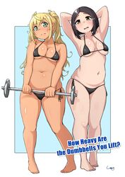  2girls arms_behind_head arms_up artist_name barbell barefoot bikini black_bikini blonde_hair blue_background breasts closed_mouth commentary copyright_name curvy dumbbell_nan_kilo_moteru? english_text frown glaring green_eyes half-closed_eyes head_tilt highres holding long_hair looking_at_viewer medium_breasts mole mole_under_eye multiple_girls navel open_mouth outside_border plump sakura_hibiki shigekikkusu short_hair side-tie_bikini_bottom signature skindentation standing string_bikini sweatdrop swimsuit tachibana_satomi twintails 