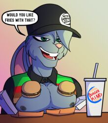  absurd_res anthro avoid_posting beverage burger burger_king chance_the_rabbit clothing divine_acid ears_tied_back english_text food green_eyes hat headgear headwear hi_res lagomorph leporid lordmarukio male mammal meme nipples pecs rabbit soda solo text uniform your_order_is_ready_(meme) 