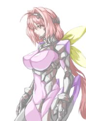  absurdres ahoge black_gloves bodysuit breasts covered_navel female fortified_suit from_side frown gloves hair_intakes hair_ribbon highres kagami_sumika large_breasts long_hair looking_ahead mota_saru muv-luv muv-luv_alternative pilot_suit pink_bodysuit red_eyes red_hair ribbon skin_tight solo very_long_hair yellow_ribbon 