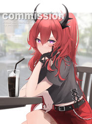  absurdres arknights asumi_maboroshi belt belt_buckle black_choker black_gloves black_shirt blurry blurry_background blush buckle chair choker closed_mouth cola commission day depth_of_field drinking_straw female gloves hand_on_own_cheek hand_on_own_face highres horns ice ice_cube long_hair looking_at_viewer miniskirt official_alternate_costume open_mouth purple_eyes red_hair red_skirt shirt short_sleeves single_glove sitting skeb_commission skirt solo surtr_(arknights) surtr_(liberte_echec)_(arknights) table v-shaped_eyebrows very_long_hair 