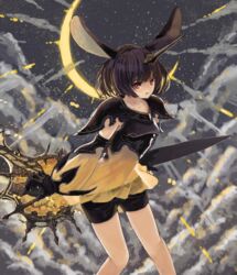  animal_ears banana_mochi black_hair black_shorts cloud commentary crescent detached_sleeves female highres holding holding_weapon horns looking_at_viewer moon_al-mi&#039;raj outdoors rabbit_ears red_eyes shadowverse shingeki_no_bahamut short_hair short_shorts shorts single_horn solo standing weapon 