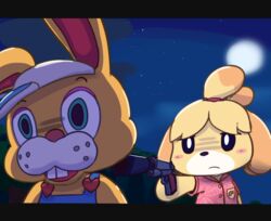  2020 animal_crossing anthro block_(artist) blonde_hair blush blush_stickers buckteeth canid canine canis clothed clothing digital_media_(artwork) domestic_dog duo female fur gun hair handgun hat headgear headwear heart_symbol isabelle_(animal_crossing) lagomorph leporid letterbox male mammal moon night nintendo outside overalls pistol rabbit ranged_weapon shirt silencer teeth topwear weapon yellow_body yellow_fur zipper_t._bunny 