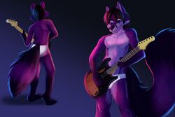  anthro azer biped canid canine clothing fender_musical_instruments_corporation fox fur guitar male mammal musical_instrument playing plucked_string_instrument purple_body purple_fur solo standing stratocaster string_instrument underwear wolfen_deschain 