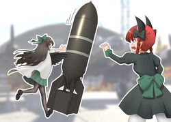  &gt;_&lt; 2girls :d absurdres aircraft airplane animal_ear_fluff animal_ears back_bow bird_wings black_bow black_footwear black_hair black_pantyhose black_wings blurry blurry_background bomb bomber bow braid cape cat_ears cowboy_shot dress explosive extra_ears fab-5000 feathered_wings from_behind full_body game_screenshot_background green_bow green_dress green_skirt hairbow highres ju87r_(tvp1178) juliet_sleeves kaenbyou_rin long_hair long_sleeves looking_at_another military military_vehicle multiple_girls open_mouth outline outstretched_arms pantyhose pe-8 pleated_skirt pointy_ears profile puffy_short_sleeves puffy_sleeves pushing red_eyes red_hair reiuji_utsuho sanpaku short_sleeves sideways_mouth skirt smile teeth touhou twin_braids twintails upper_teeth_only very_long_hair war_thunder weapon white_cape white_outline white_pantyhose wings xd 