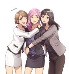  3girls arm_around_waist arms_around_neck arms_up artist_name belt belt_buckle black_belt black_hair black_jacket black_pants black_shirt black_skirt blazer blush brown_eyes brown_hair buckle buttoned_cuffs buttons chains closed_mouth collarbone earrings formal grey_eyes grey_jacket jacket jewelry kamataki_eri lapels leaning_forward long_hair long_sleeves looking_at_viewer medium_hair miniskirt mukoda_saeko multiple_girls mutarou_(mu) office_lady one_eye_closed open_clothes open_jacket open_mouth pant_suit pants pencil_skirt pendant purple_hair purple_shirt ryuu_ga_gotoku_(series) ryuu_ga_gotoku_7 seonhee shirt short_hair simple_background skirt skirt_set skirt_suit sleeves_past_elbows smile suit sweatdrop swept_bangs t-shirt untucked_shirt watch white_background white_jacket white_skirt wristwatch 