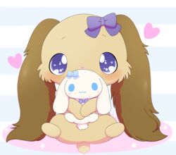  absurd_res accessory anthro azuo blue_eyes blush bow_ribbon brown_body brown_fur chibifur cinnamon_(cinnamoroll) cinnamoroll domestic_rabbit fur hair_accessory hair_ribbon hairbow heart_symbol hi_res holding_object holding_plushie io_(jewelpet) jewelpet lagomorph leporid lop_rabbit male mammal oryctolagus pattern_background plushie purple_bow rabbit ribbons sanrio sega sega_fave semi-anthro simple_background solo striped_background 