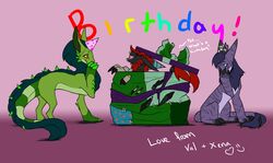  4_fingers birthday black_body claws clothing daenanguis emerald_dragon feet feral fingers gift green_body green_hair hair hat headgear headwear hi_res male mane neck_tuft party_hat purple_body purple_hair red_hair retter sharp_teeth tail tail_tuft teeth toes tuft valion_(irishderg) xena_(zady) zady 