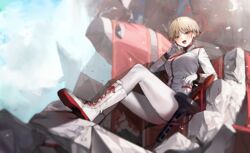  absurdres black_gloves blonde_hair blue_archive blurry blurry_background blush boots breasts brown_eyes cross-laced_footwear day debris depth_of_field destruction female gloves highres hiiragi_mikoto jacket knee_boots lace-up_boots large_breasts long_sleeves looking_at_viewer marina_(blue_archive) military military_uniform open_mouth outdoors pants pantyhose rubble ruins short_hair sitting smile solo uniform weapon white_footwear white_pants 