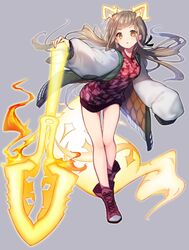  723_(tobi) brown_hair coat contemporary dress female full_body glowing_ears glowing_tail grey_background highres jacket letterman_jacket long_hair long_sleeves looking_at_viewer open_mouth padded_coat reality_arc_(sinoalice) red_dress red_footwear red_riding_hood_(sinoalice) revision shoes simple_background sinoalice sleeves_past_wrists sneakers solo yellow_eyes 