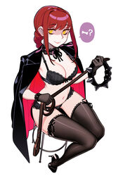  black_bra black_coat black_footwear black_panties black_thighhighs bra braid braided_ponytail breasts chainsaw_man chair cleavage closed_mouth coat collar commission english_commentary female halphelt high_heels highres holding holding_collar holding_whip large_breasts long_hair looking_at_viewer makima_(chainsaw_man) navel panties red_hair sitting smile solo speech_bubble spiked_collar spikes thighhighs underwear yellow_eyes 